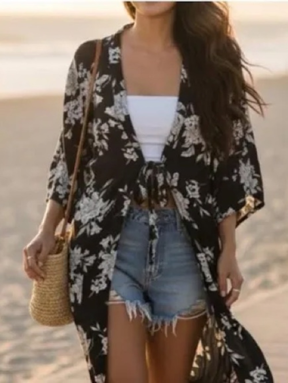 Spiritual Gangster Black Floral Tie-Front Kimono